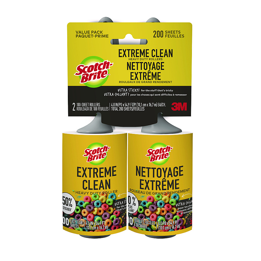 Scotch-Brite Extreme Clean Lint Roller, 4" x 54.59 ft, 100 Sheets/Roll, 2/Pack (830RS100TP)