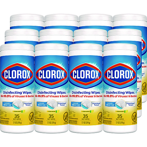 Clorox Disinfecting Wipes, 1-Ply, 7 x 8, Crisp Lemon, White, 35/Canister, 12 Canisters/Carton (01594CT)
