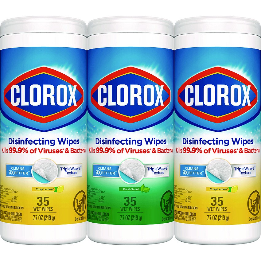 Clorox Disinfecting Wipes, 1-Ply, 7 x 8, Fresh Scent/Citrus Blend, White, 35/Canister, 3 Canisters/Pack (30112)