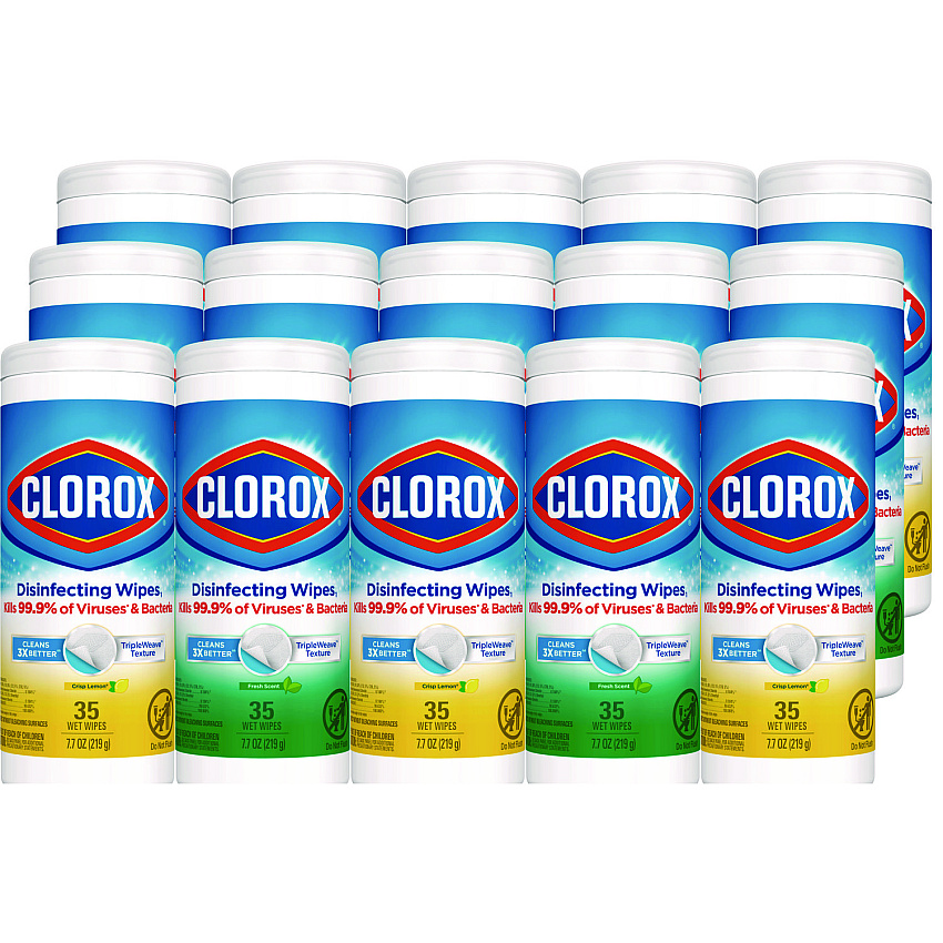 Clorox Disinfecting Wipes, 1-Ply, 7 x 8, Fresh Scent/Citrus Blend, 35/Canister, 3/Pack, 5 Packs/Carton (30112CT)