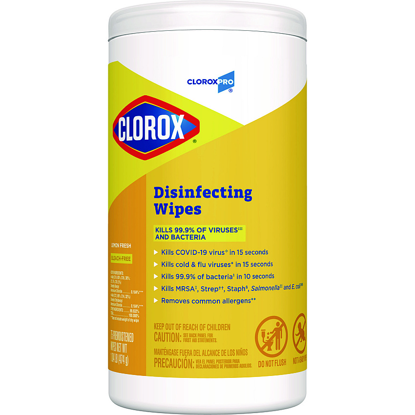 Clorox Disinfecting Wipes, 1-Ply, 7 x 8, Lemon Fresh, White, 75/Canister (15948EA)