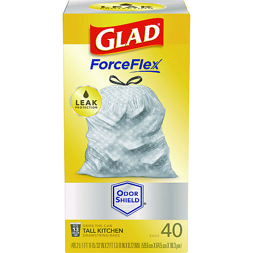 Glad ForceFlex Tall Kitchen Drawstring Trash Bags, 13 gal, 23.75" x 24.88", White, 240/Carton (79008)