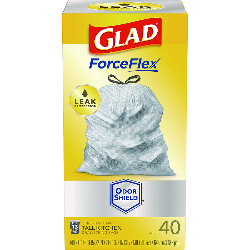 Glad ForceFlex Tall Kitchen Drawstring Trash Bags, 13 gal, 23.75" x 24.88", White, 240/Carton (79008)
