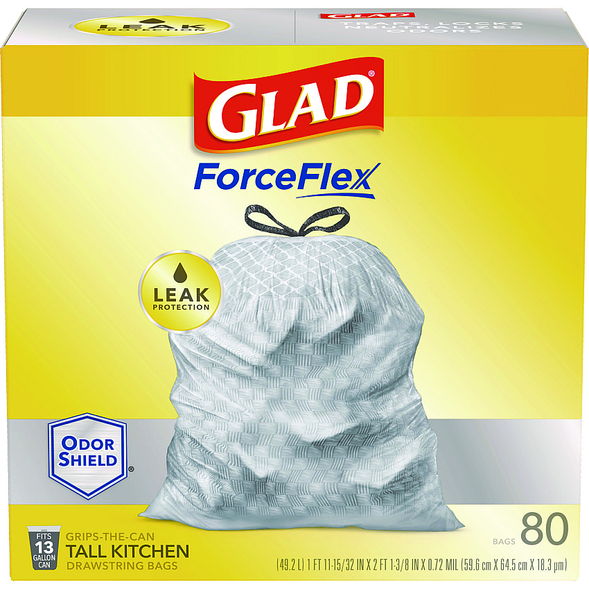 Glad ForceFlex Tall Kitchen Drawstring Trash Bags, 13 gal, 23.75" x 24.88", White, 240/Carton (79009)