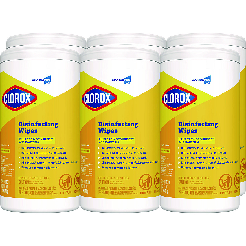Clorox Disinfecting Wipes, 1-Ply, 7 x 8, Lemon Fresh, White, 75/Canister, 6/Carton (15948CT)