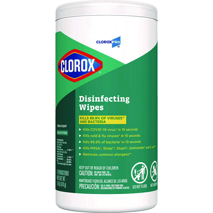 Clorox Disinfecting Wipes, 1-Ply, 7 x 8, Fresh Scent, White, 75/Canister (15949EA)