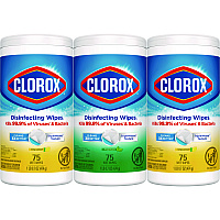Clorox Disinfecting Wipes, 1-Ply, 7 x 8, Fresh Scent/Citrus Blend, White, 75/Canister, 3 Canisters/Pack (30208PK)