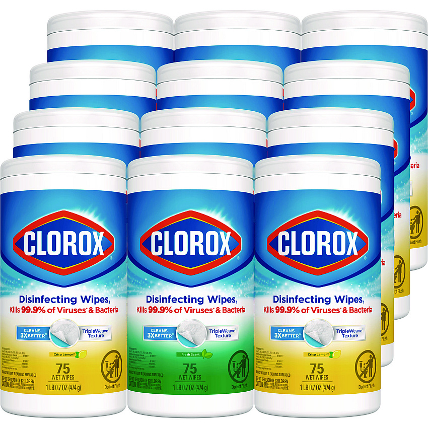 Clorox Disinfecting Wipes, 1-Ply, 7 x 8, Fresh Scent/Citrus Blend, White, 75/Canister, 3/Pack, 4 Packs/Carton (30208)