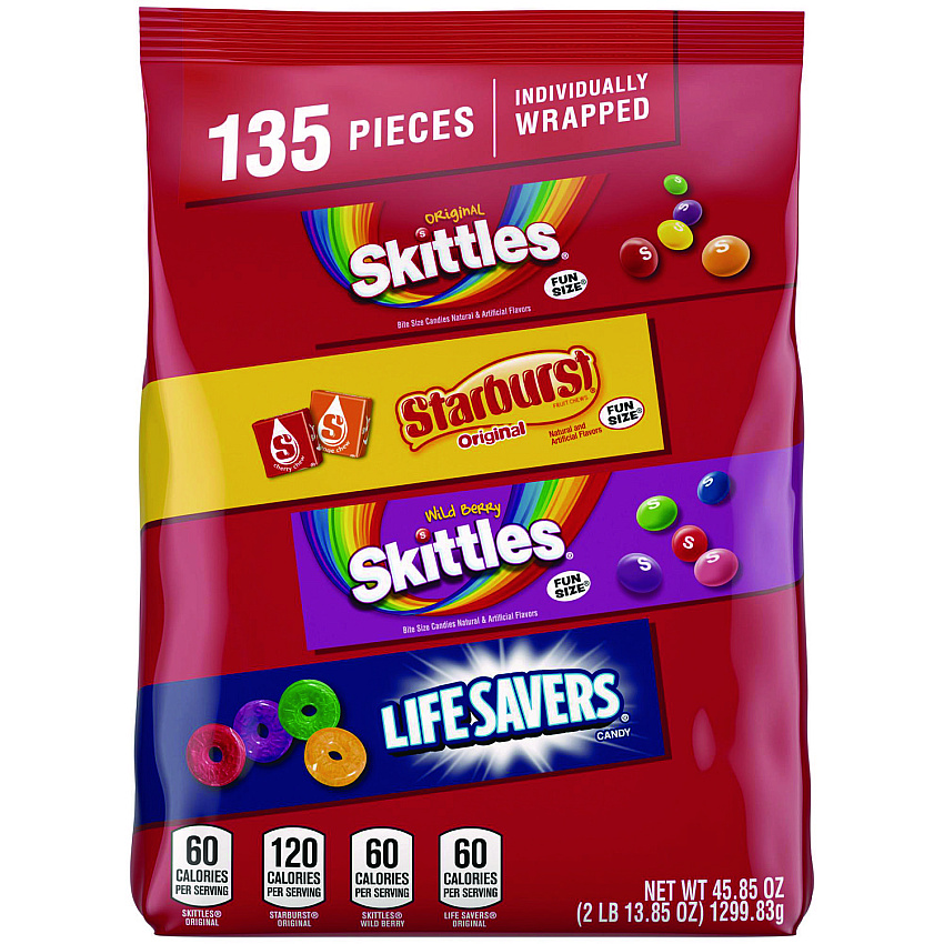 Mars Skittles, Starburst and Life Savers Fun Size Fruity Candy Assortment, 45.85 oz Bag, 135 Pieces, Individually Wrapped (29689)