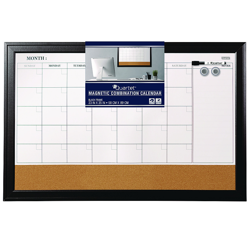 Quartet Magnetic Combination Dry Erase Calendar/Cork Board, 35 x 23, Tan/White Surface, Black Wood Frame (79284)