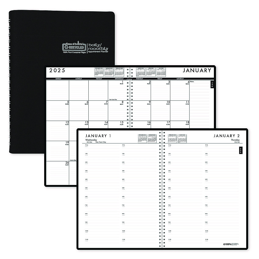 House of Doolittle 24/7 Recycled Daily Appointment Book/Monthly Planner, 10 x 7, Black Cover, 12-Month (Jan to Dec): 2026 (289632)
