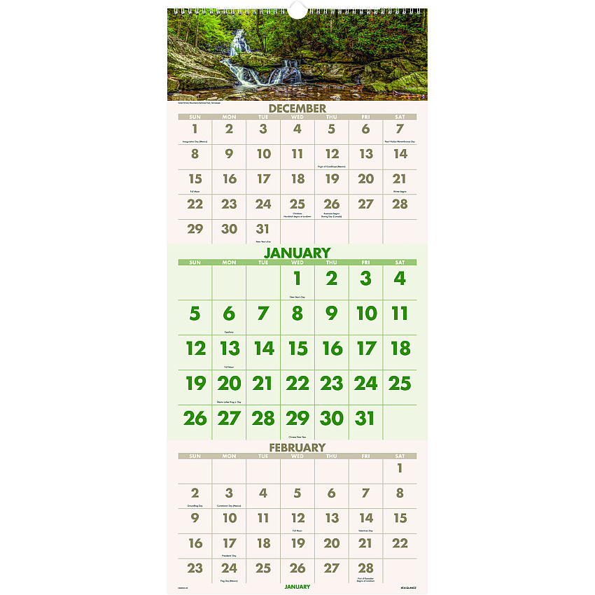 AT-A-GLANCE Scenic Three-Month Wall Calendar, Landscape Photography, 12 x 27, White Sheets, 14-Month: Dec 2025 to Jan 2027 (DMW50328)