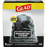 Glad Guaranteed Strong Large Drawstring Trash Bags, Three-Ply, 30 gal, 1.05 mil, 30" x 33", Black, 90/Carton (78952)