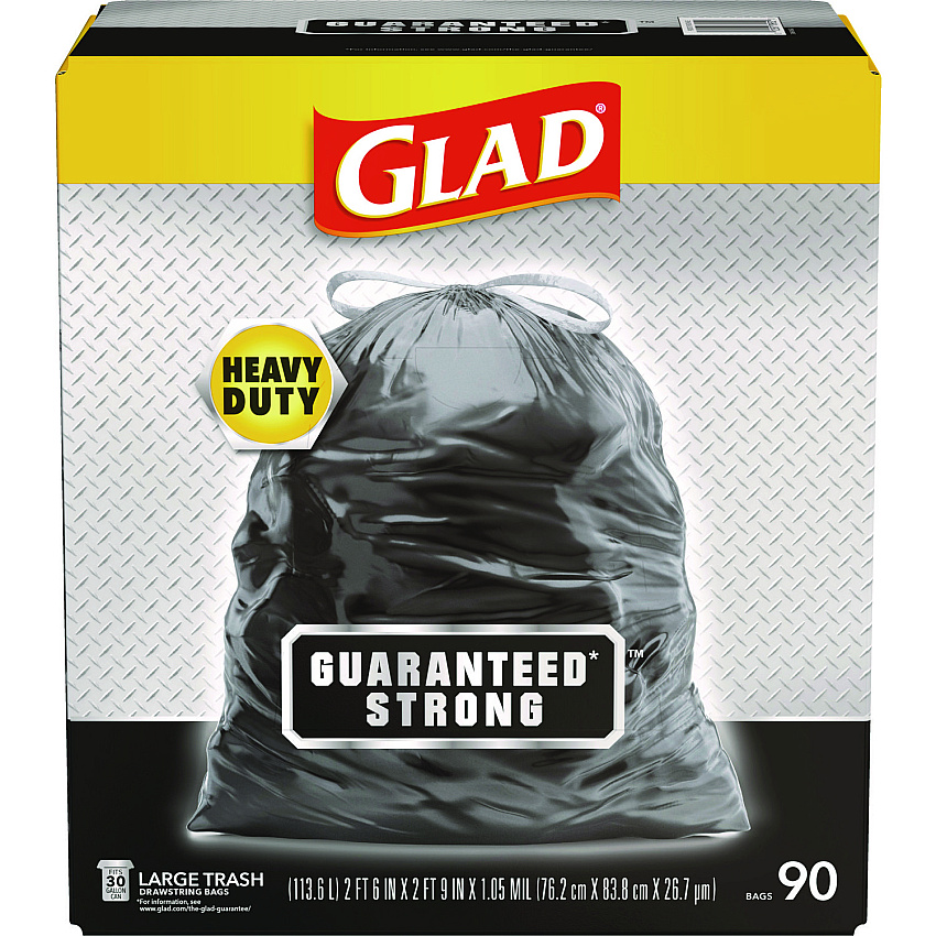 Glad Guaranteed Strong Large Drawstring Trash Bags, Three-Ply, 30 gal, 1.05 mil, 30" x 33", Black, 90/Carton (78952)