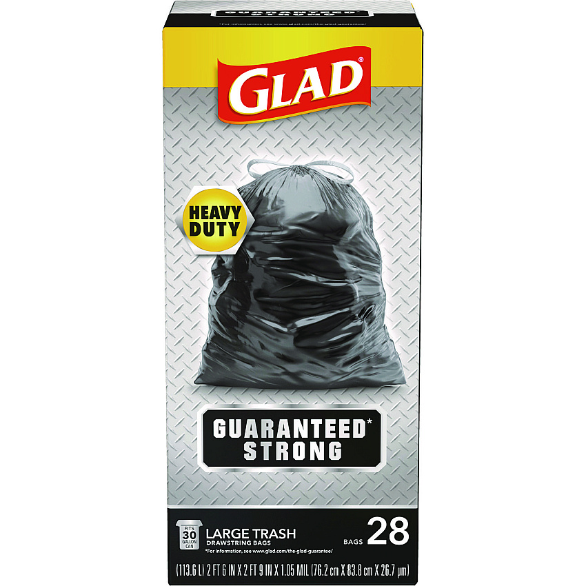 Glad Guaranteed Strong Large Drawstring Trash Bags, Three-Ply, 30 gal, 1.05 mil, 30" x 33", Black, 15 Bags/Box, 6 Boxes/Carton (78966)