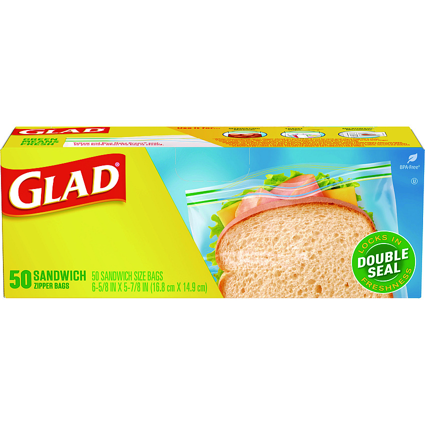 Glad Zipper Food Storage Sandwich Bags, 6.63" x 9.88" x 8", Clear, 600/Carton (57263)