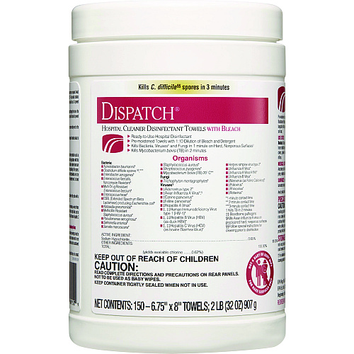 Clorox Healthcare Dispatch Cleaner Disinfectant Towels, 1-Ply, 6.75 x 8, Unscented, White, 150/Canister (69150EA)