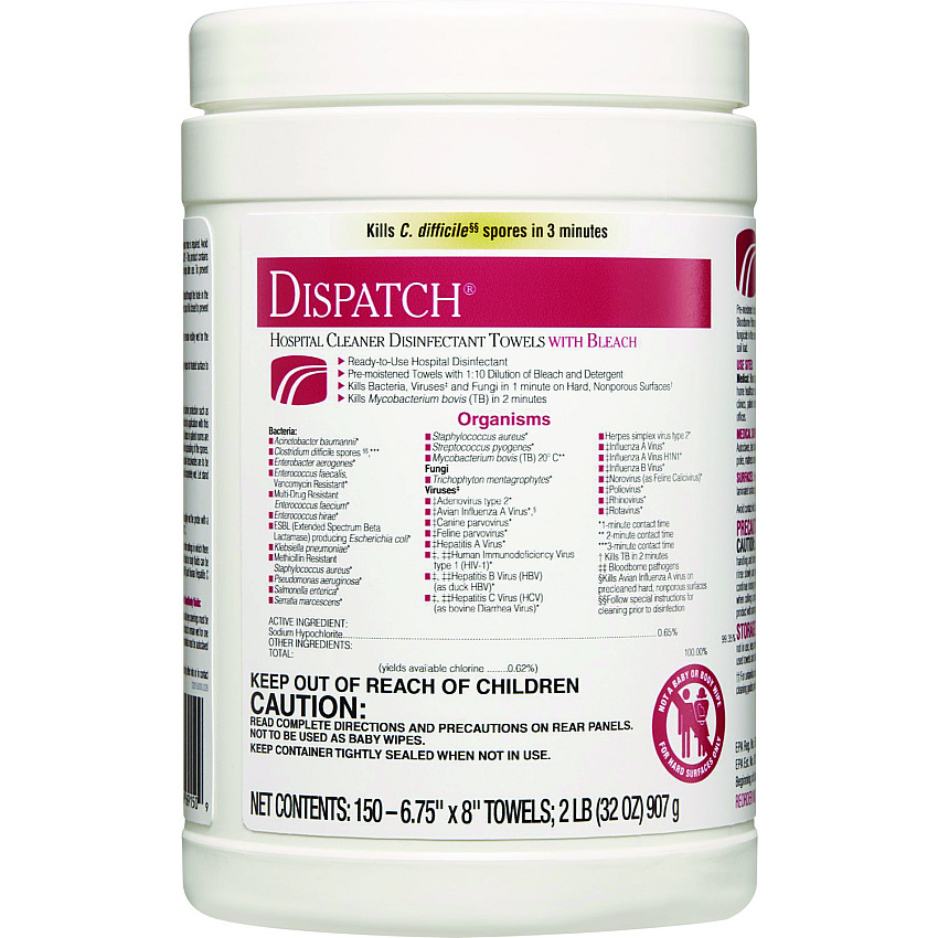 Clorox Healthcare Dispatch Cleaner Disinfectant Towels, 1-Ply, 6.75 x 8, Unscented, White, 150/Canister (69150EA)