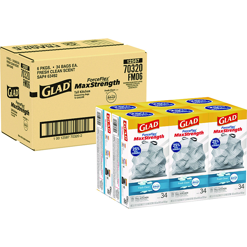 Glad ForceFlex MaxStrength Tall Kitchen Drawstring Trash Bags, 13 gal, Fresh Clean Scent, 24" x 28", White, 34/Box, 6 Boxes/CT (70320)