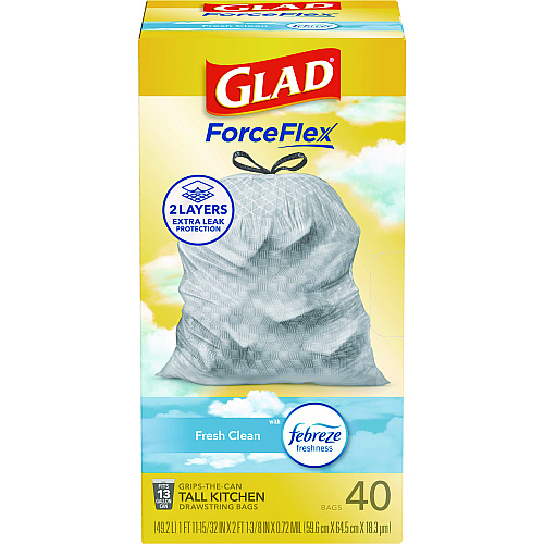 Glad ForceFlex Kitchen Drawstring Trash Bags, 13 gal, Fresh Clean Scent, 24" x 27.38", White, 40 Bags/Box, 6 Boxes/Carton (78361)