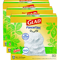 Glad ForceFlex Kitchen Drawstring Trash Bags, 13 gal, Gain Original Scent, 24" x 27.38", White, 80 Bags/Box, 3 Boxes/Carton (78900)