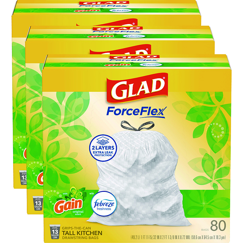 Glad ForceFlex Kitchen Drawstring Trash Bags, 13 gal, Gain Original Scent, 24" x 27.38", White, 80 Bags/Box, 3 Boxes/Carton (78900)