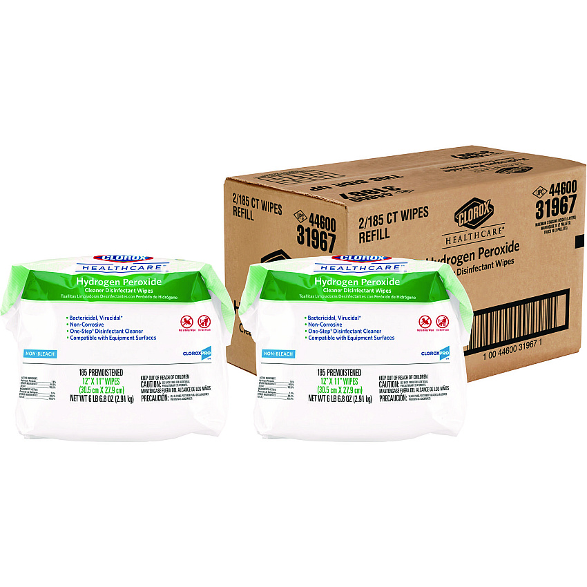 Clorox Healthcare Hydrogen Peroxide Cleaner Disinfectant Wipes, 12 x 11, Unscented, White, 185/Pack, 2 Packs/Carton (30827)