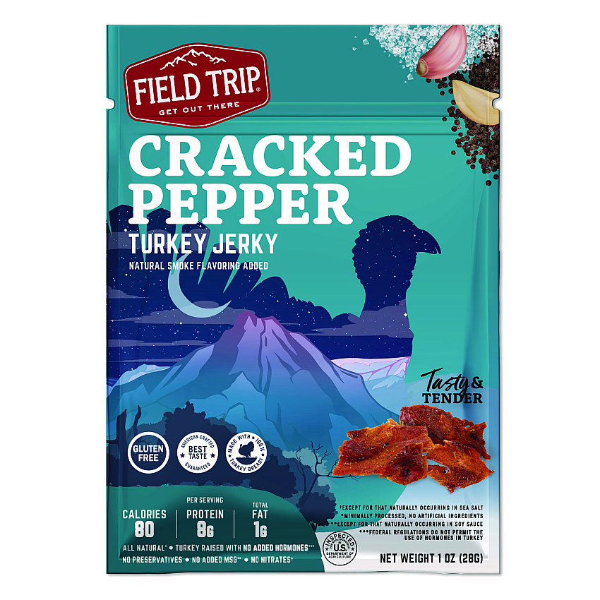 Field Trip Turkey Jerky, Cracked Pepper Turkey, 1 oz Bag, 12 Bags/Carton (FLD00508)