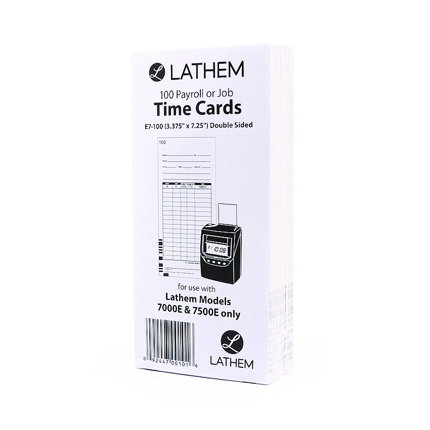 Time Clock Cards for Lathem Time 7000E, Two Sides, 3.5 x 7.25, 100/Pack (E7100)