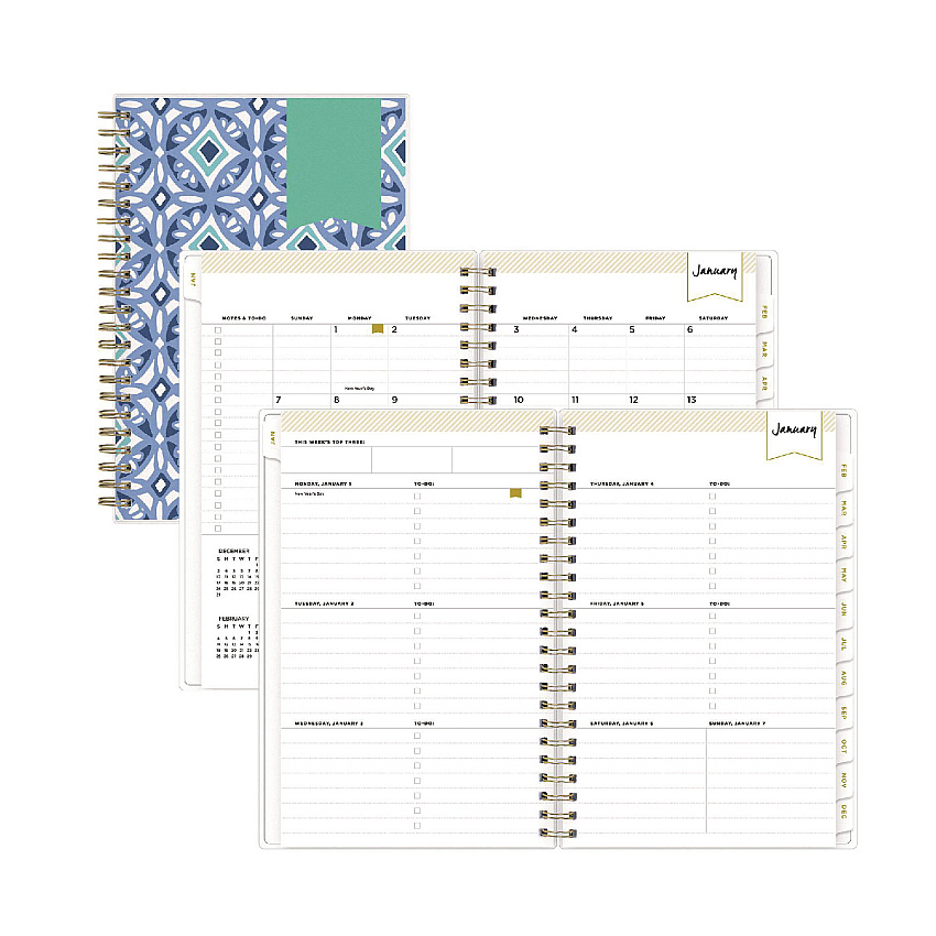 Blue Sky Day Designer Tile Weekly/Monthly Planner, Geometric Artwork, 8 x 5, Blue/White Cover, 12-Month (Jan to Dec): 2026 (101410)