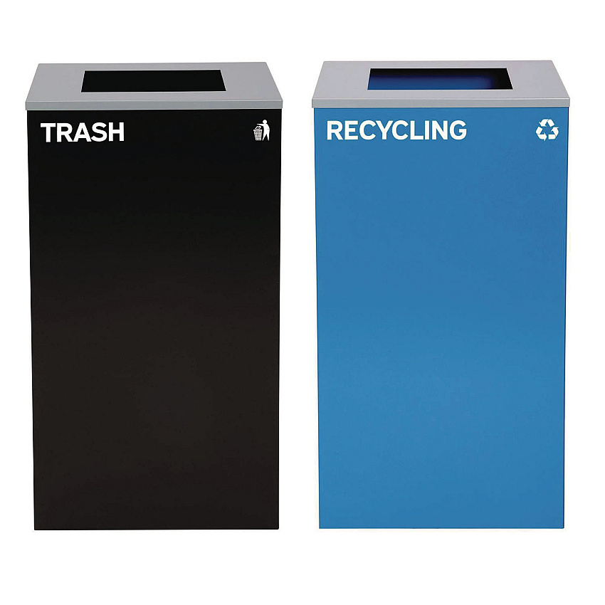 Alpine 29 Gallon Trash/Recycling Cans, Steel, Blue Recycling Can with Square Lid, Black Trash Can with Square Lid (4450BLKKIT1)