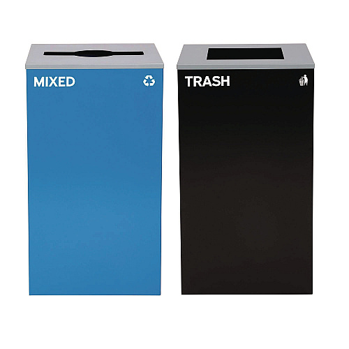 Alpine 29 Gallon Trash/Recycling Cans, Steel, Blue Mixed Recycling with Mixed Lid, Black Trash Can with Square Lid (4450BLKKIT3)