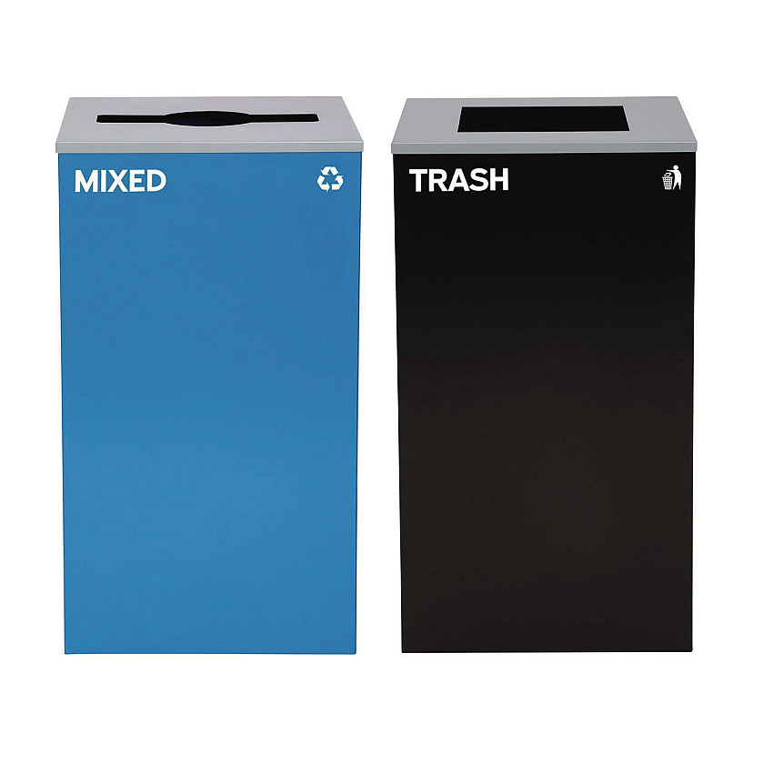 Alpine 29 Gallon Trash/Recycling Cans, Steel, Blue Mixed Recycling with Mixed Lid, Black Trash Can with Square Lid (4450BLKKIT3)