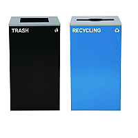 Alpine 29 Gallon Trash/Recycling Cans, Steel, Blue Recycling with Mixed Lid, Black Trash Can with Square Lid (4450BLKKIT4)