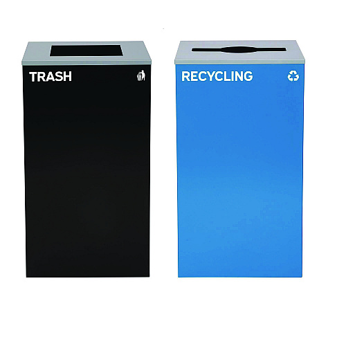 Alpine 29 Gallon Trash/Recycling Cans, Steel, Blue Recycling with Mixed Lid, Black Trash Can with Square Lid (4450BLKKIT4)