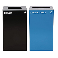 Alpine 29 Gallon Trash/Recycling Cans, Steel, Blue Cans/Bottles Recycling with Mixed Lid, Black Trash Can with Square Lid (4450BLKKIT5)