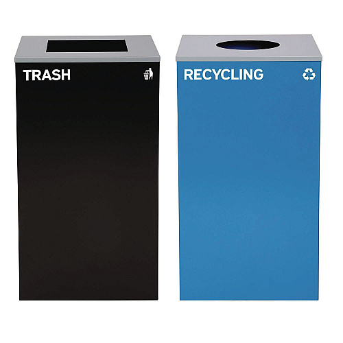 Alpine 29 Gallon Trash/Recycling Cans, Steel, Blue Recycling with Circle Lid, Black Trash Can with Square Lid (4450BLKKIT6)