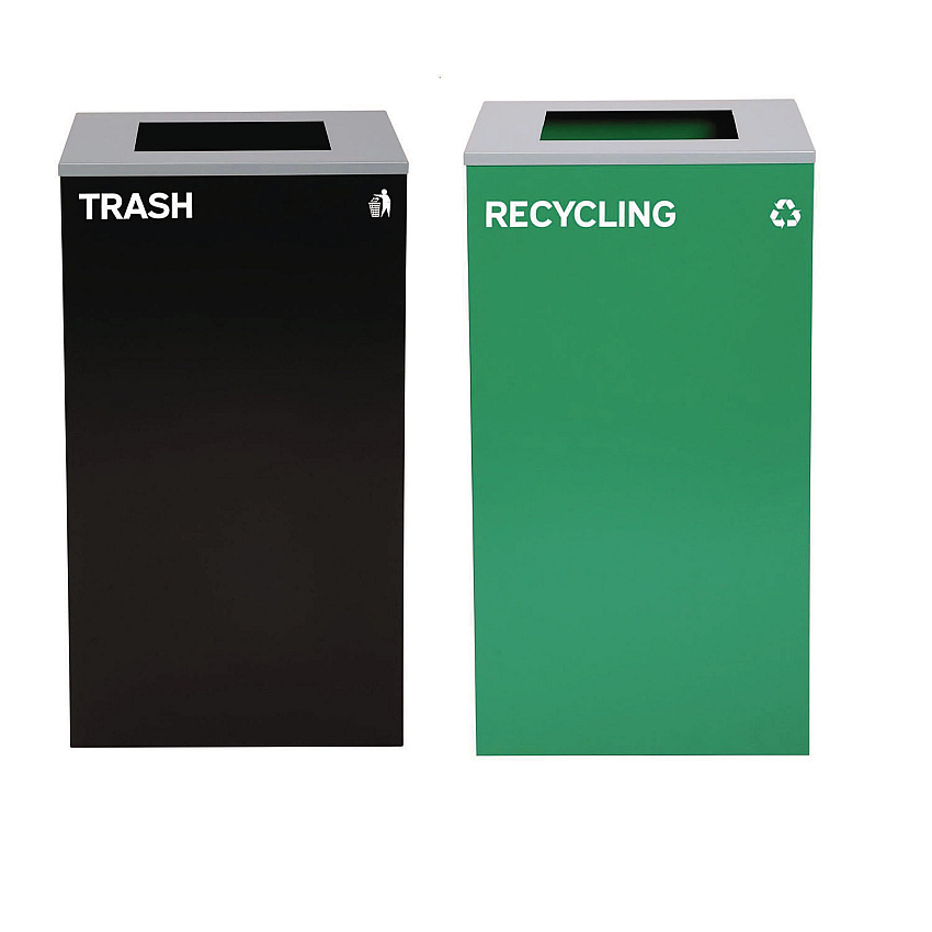 Alpine 29 Gallon Trash/Recycling Cans, Steel, Green Recycling Can with Square Lid, Black Trash Can with Square Lid (4450BLKKIT8)
