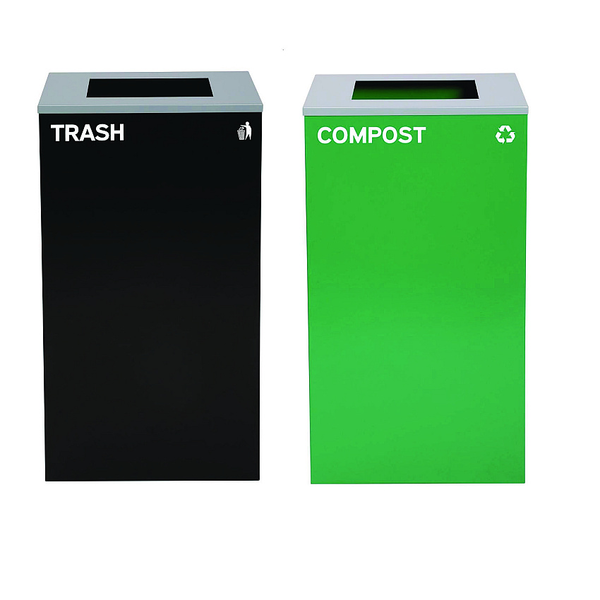 Alpine 29 Gallon Trash/Recycling Cans, Steel, Green Compost Can with Square Lid, Black Trash Can with Square Lid (4450BLKKIT9)