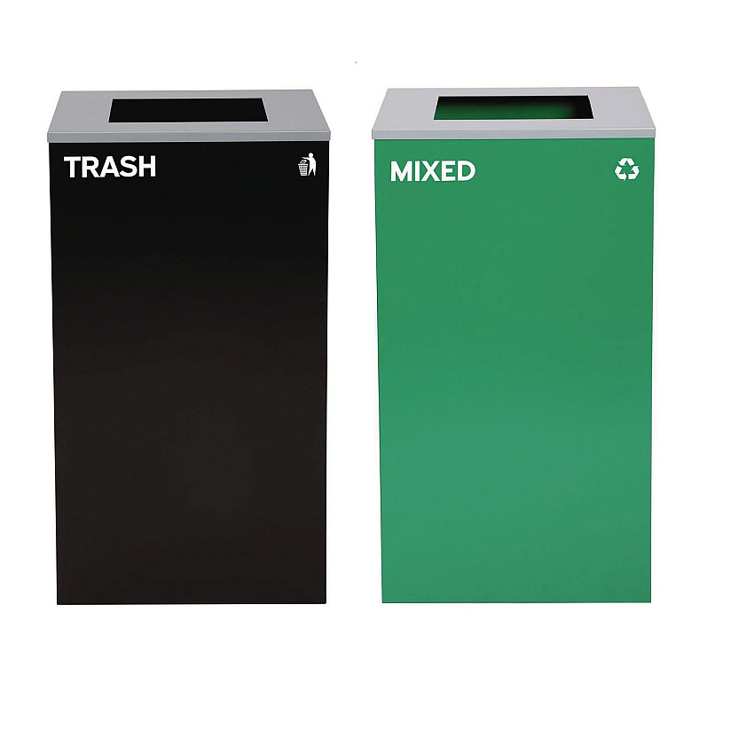 Alpine 29 Gallon Trash/Recycling Cans, Steel, Green Mixed Recycling Can with Square Lid, Black Trash Can with Square Lid (4450BLKKIT10)