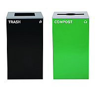 Alpine 29 Gallon Trash/Recycling Cans, Steel, Green Compost Can with Mixed Lid, Black Trash Can with Square Lid (4450BLKKIT13)