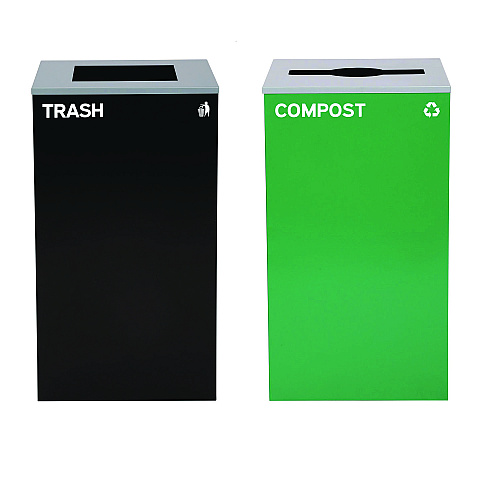Alpine 29 Gallon Trash/Recycling Cans, Steel, Green Compost Can with Mixed Lid, Black Trash Can with Square Lid (4450BLKKIT13)