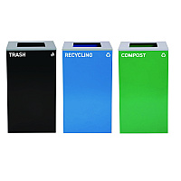 Alpine 29 Gallon Trash/Recycling Cans, Steel, Blue Recycling Can, Green Compost Can, Black Trash Can with Square Lids (4450BLKKIT14)
