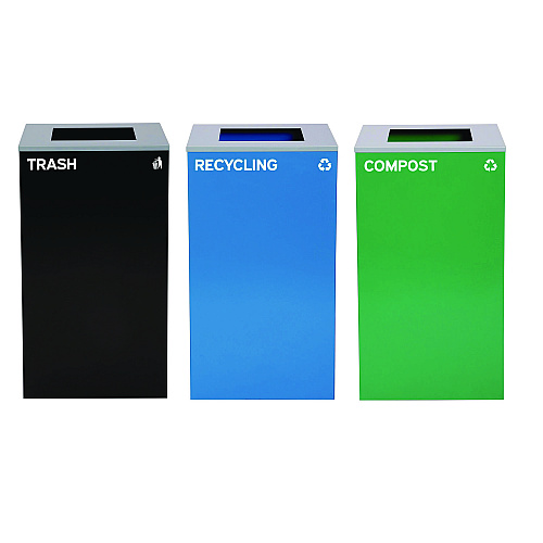 Alpine 29 Gallon Trash/Recycling Cans, Steel, Blue Recycling Can, Green Compost Can, Black Trash Can with Square Lids (4450BLKKIT14)