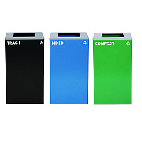 Alpine 29 Gallon Trash/Recycling Cans, Steel, Blue Mixed Recycling Can, Green Compost Can, Black Trash Can with Square Lids (4450BLKKIT15)
