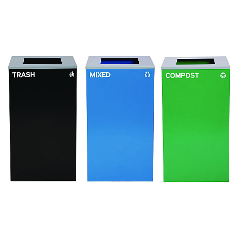 Alpine 29 Gallon Trash/Recycling Cans, Steel, Blue Mixed Recycling Can, Green Compost Can, Black Trash Can with Square Lids (4450BLKKIT15)