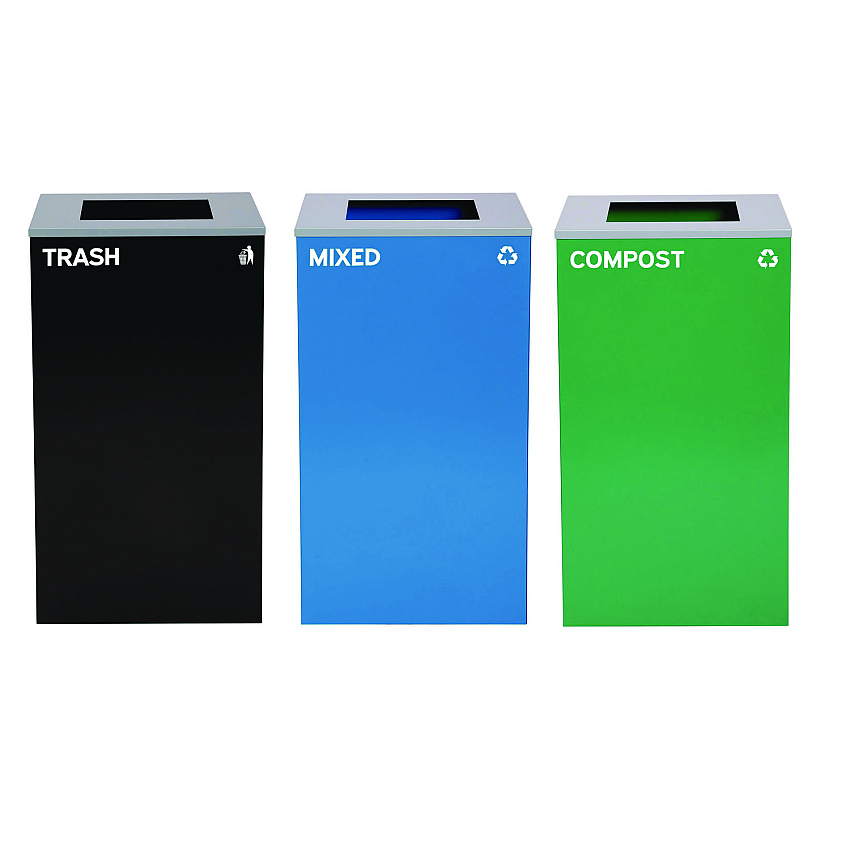 Alpine 29 Gallon Trash/Recycling Cans, Steel, Blue Mixed Recycling Can, Green Compost Can, Black Trash Can with Square Lids (4450BLKKIT15)