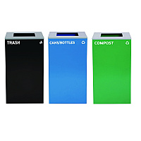 Alpine 29 Gallon Trash/Recycling Cans, Steel, Blue Cans/Bottles Recycling Can, Green Compost Can, Black Trash Can with Square Lids (4450BLKKIT16)