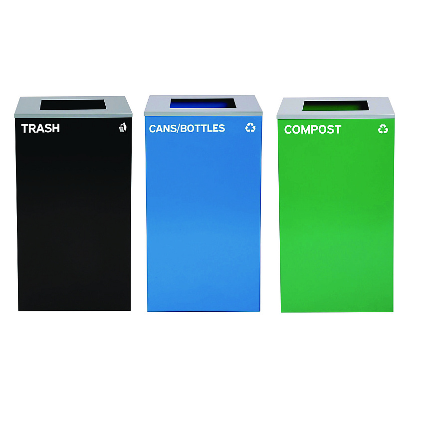 Alpine 29 Gallon Trash/Recycling Cans, Steel, Blue Cans/Bottles Recycling Can, Green Compost Can, Black Trash Can with Square Lids (4450BLKKIT16)