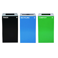 Alpine 29 Gallon Trash/Recycling Cans, Steel, Blue Recycling Can/Mixed Lid, Green Compost Can and Black Trash Can with Square Lids (4450BLKKIT18)